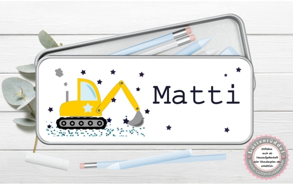 zuckersüße Stiftebox Geschenkdose Metall Bagger mit Name personalisiert zur Einschulung oder nur so für Spickzettel und kleine Briefchen  von Lüttentüddel®